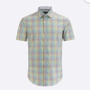 Bugatchi men’s collared plaid flamingo trim short sleeve button down shirt